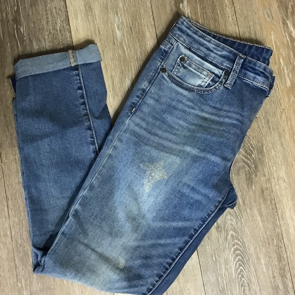 Gap girlfriend fit denim jeans cropped mid rise distressed relaxed hip&thigh 4